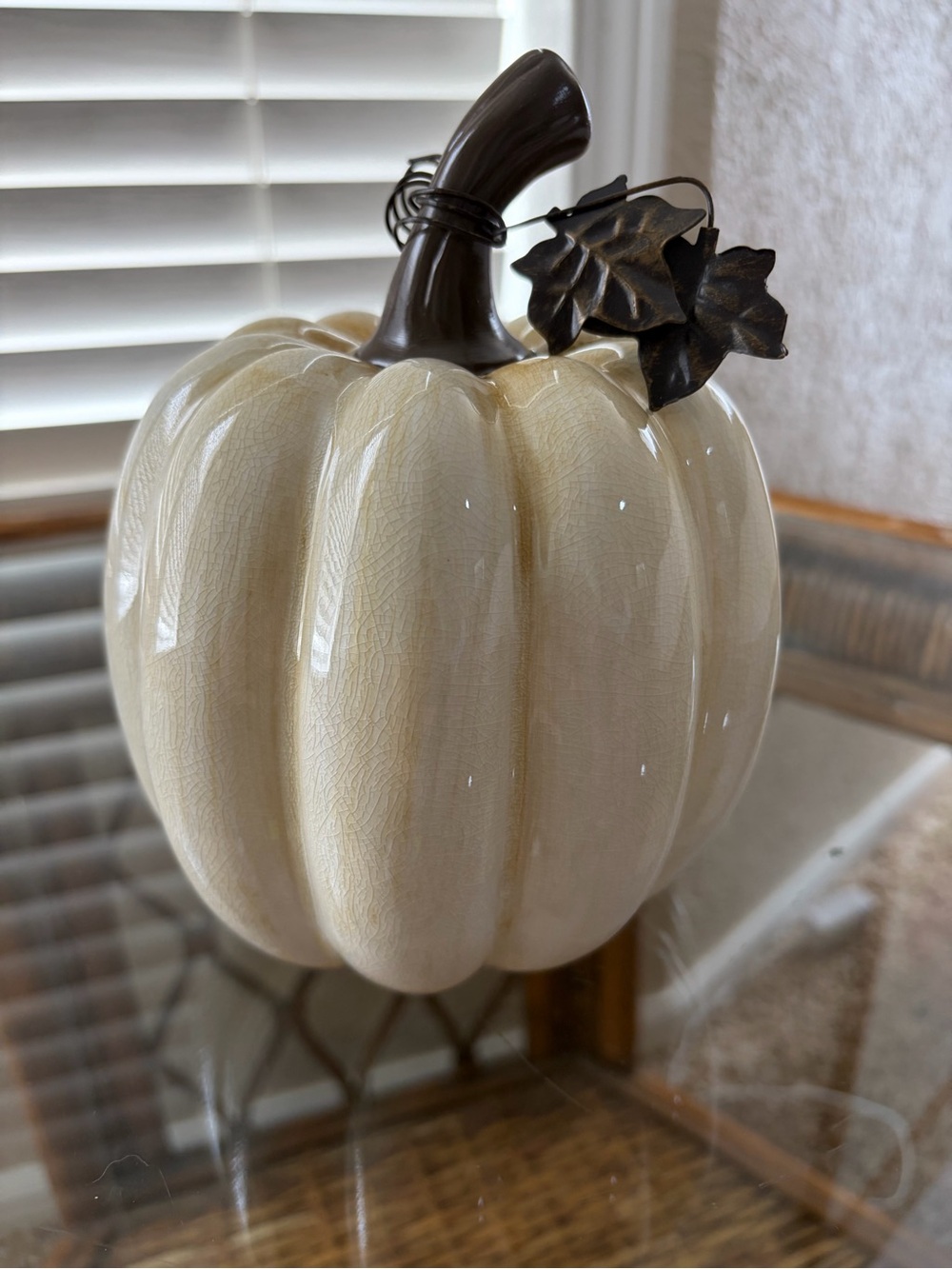 Vintage Glazed Ceramic Decorative Pumpkin with Metal Leaves